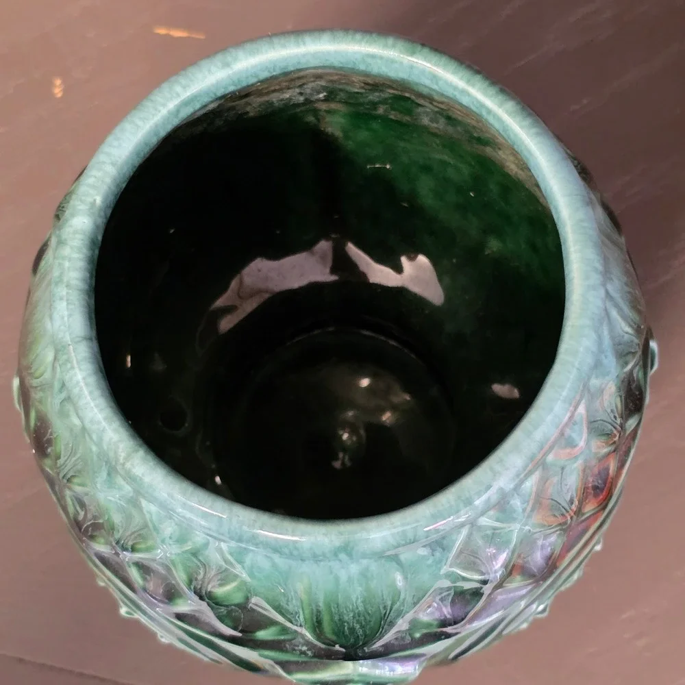 Vintage Hull USA Pottery Green Drip Glaze Embossed Medallion Footed Planter Vase